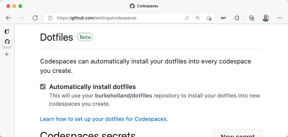 dotfiles configuration screen in Codespaces