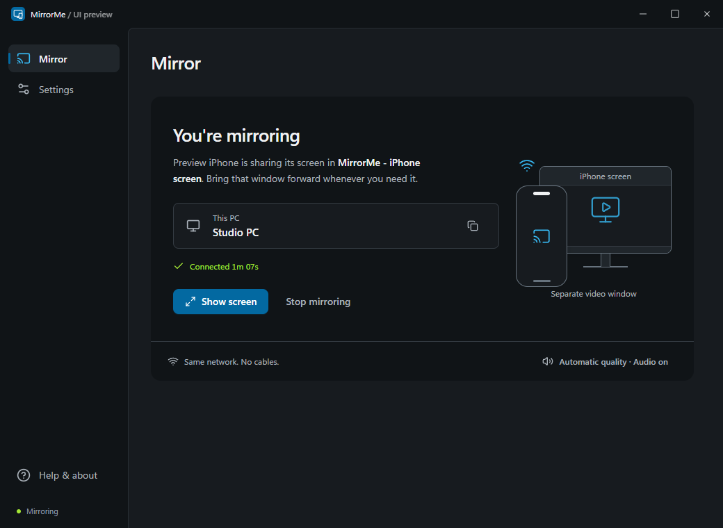 MirrorMe showing an example iPhone connected to Studio PC.