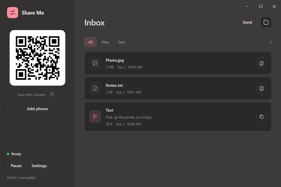 Share Me's Windows inbox with example photos, files, and text received from a phone.