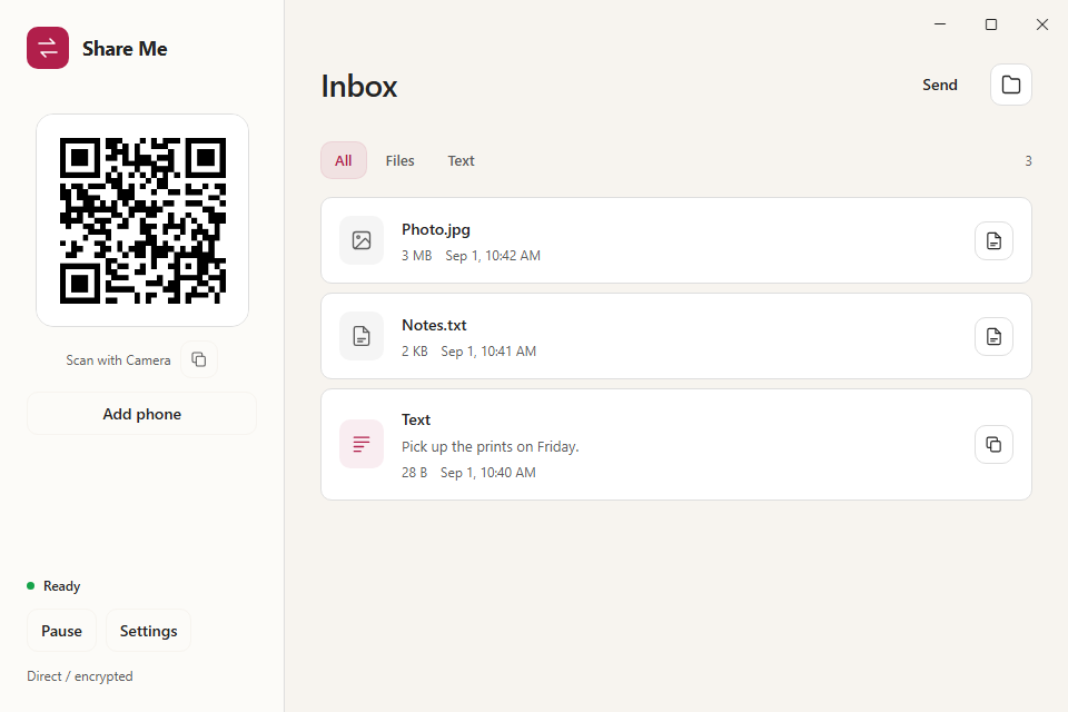 Share Me's Windows inbox with example photos, files, and text received from a phone.